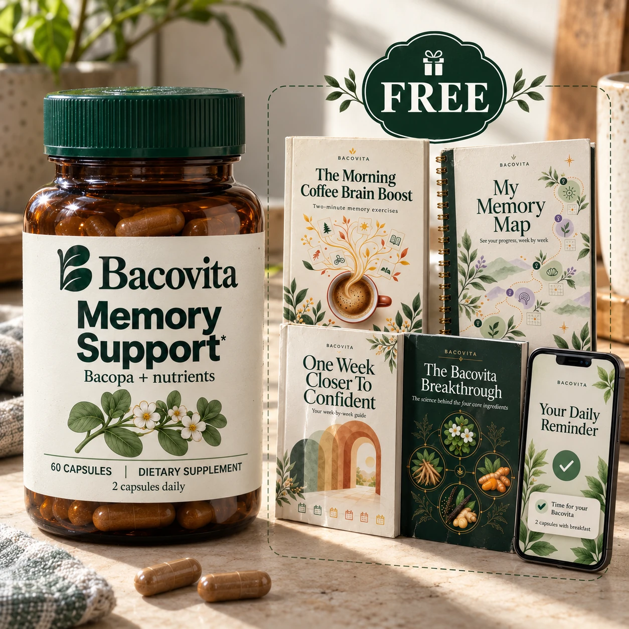 1 bottle of Bacovita with the five free gifts