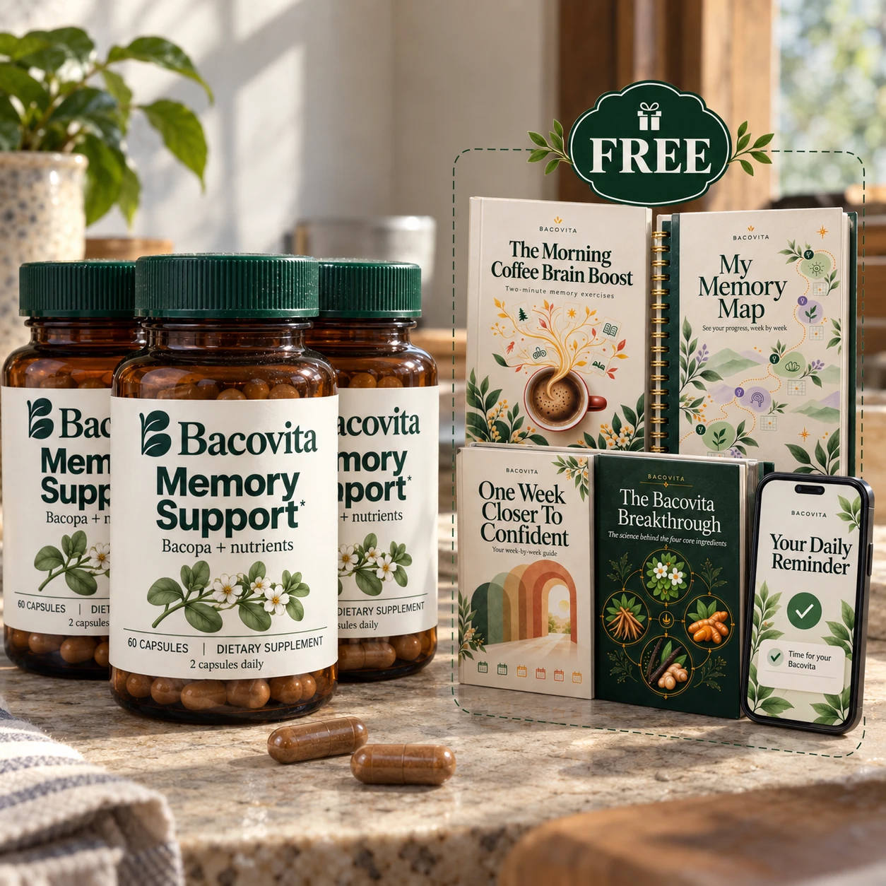 3 bottles of Bacovita with the five free gifts