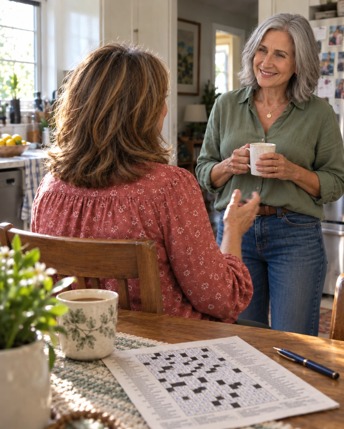 Two women talking over coffee at a kitchen table, a finished crossword between them