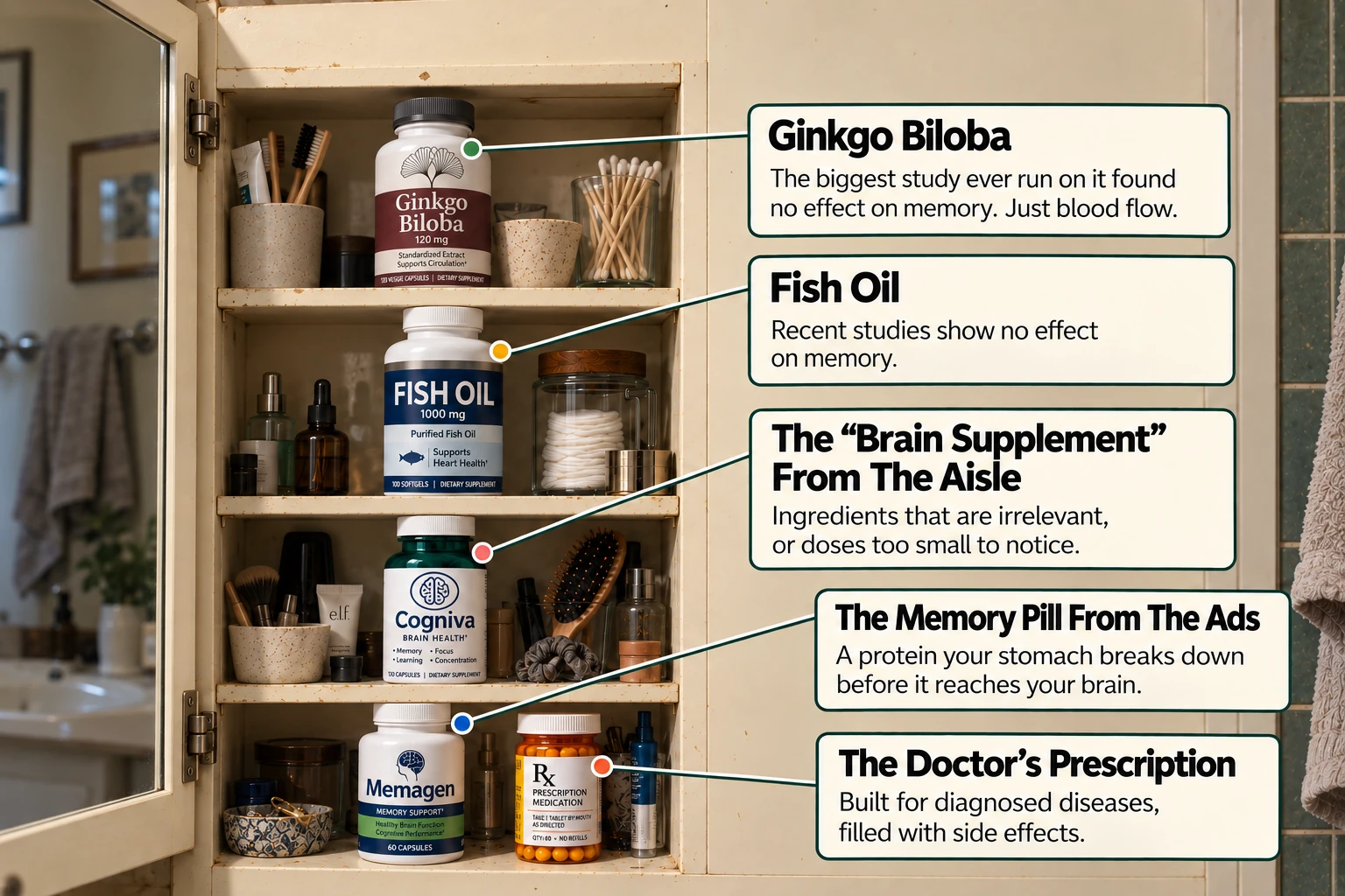 The bathroom cabinet: ginkgo, fish oil, the brain supplement from the aisle, the memory pill from the ads, the doctor's prescription, each labelled with why it fell short