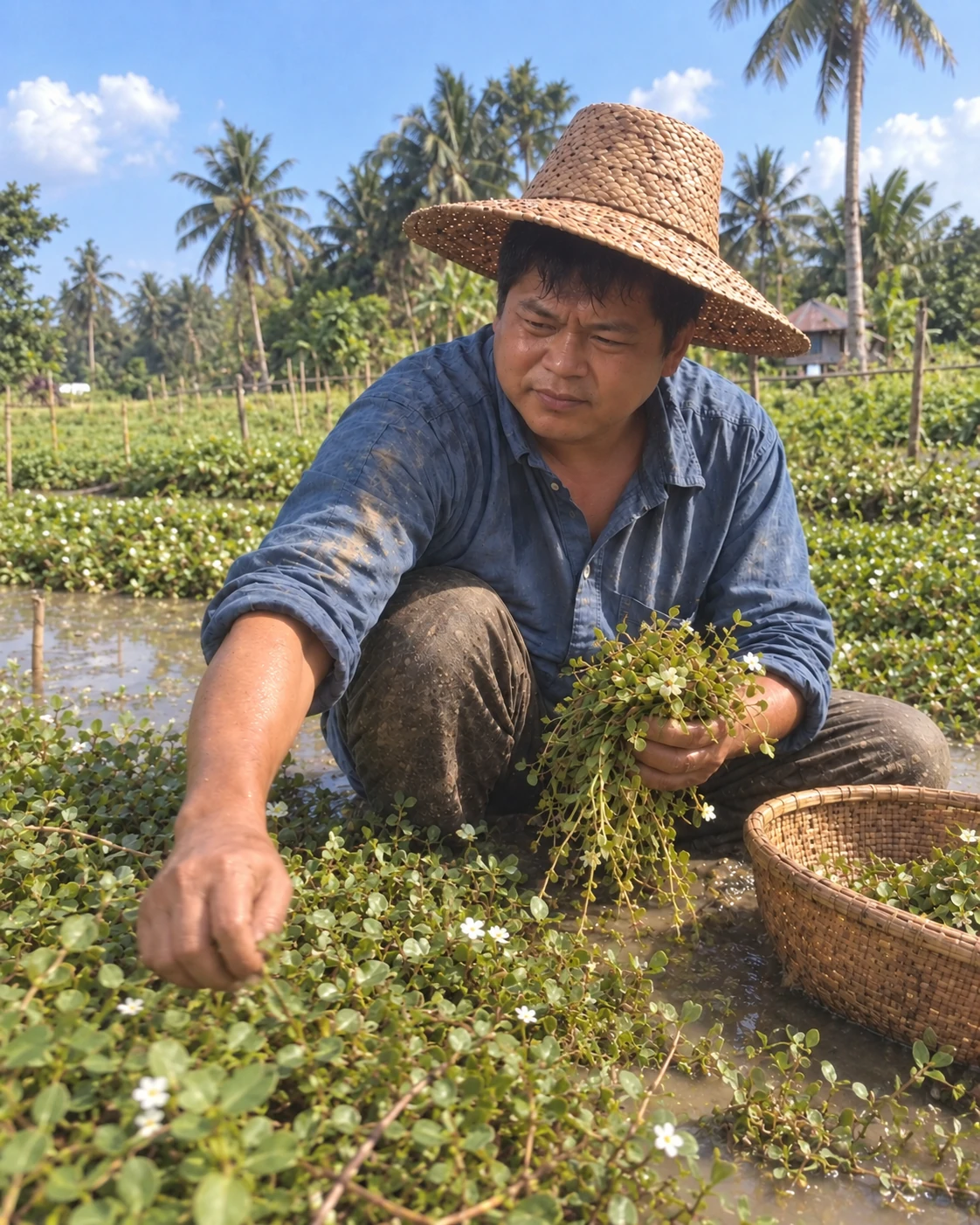 A farmer harvesting Bacopa by hand in a flooded field