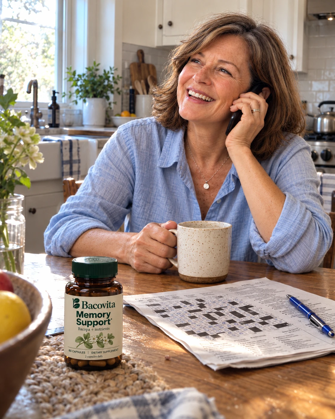 A woman laughing on the phone at her kitchen table, coffee and crossword in front of her, a bottle of Bacovita beside them