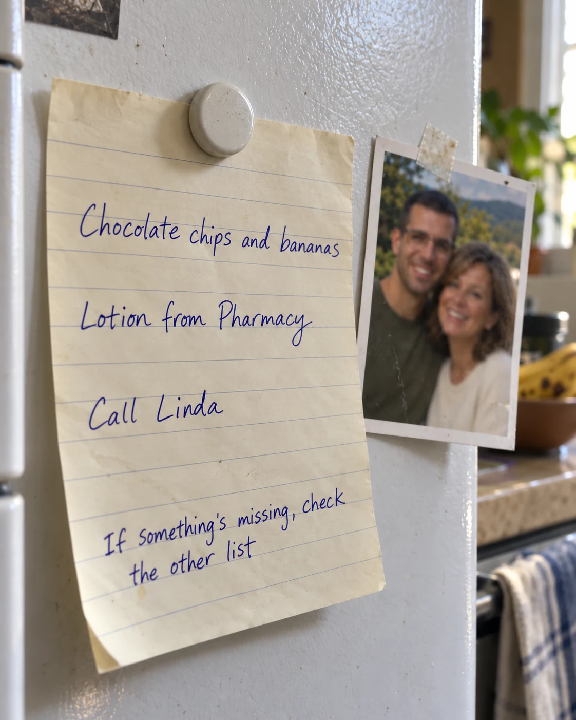 A handwritten list on the fridge: Chocolate chips and bananas. Lotion from pharmacy. Call Linda. If something's missing, check the other list.