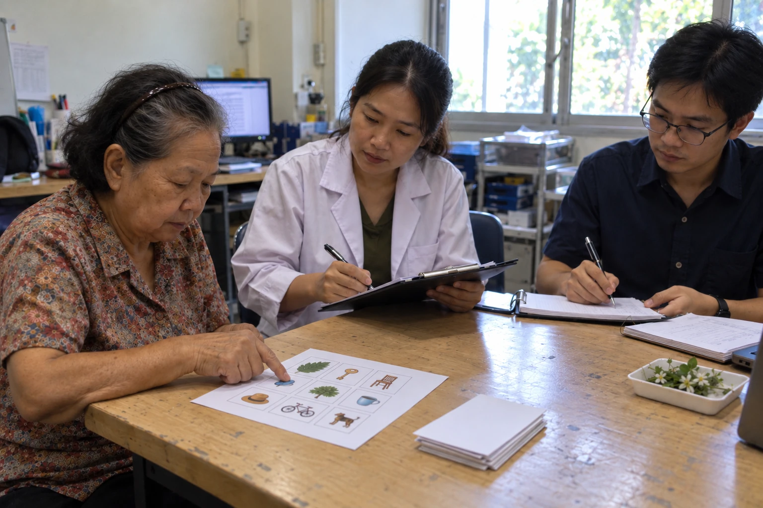 Researchers running a memory test with an older woman at a table