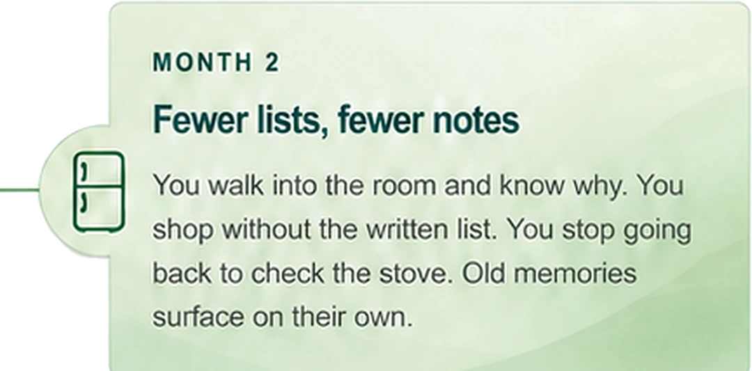 Month 2. Fewer lists, fewer notes. You walk into the room and know why. You shop without the written list. You stop going back to check the stove. Old memories surface on their own.