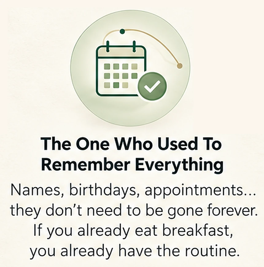 The One Who Used To Remember Everything. Names, birthdays, appointments… they don't need to be gone forever. If you already eat breakfast, you already have the routine.