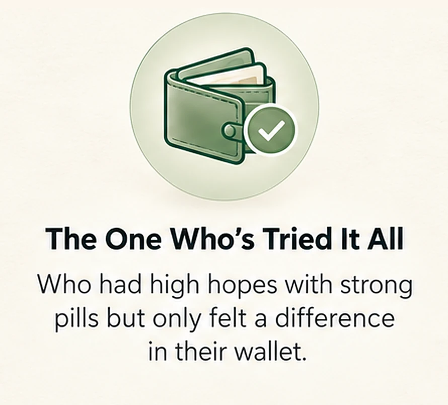 The One Who's Tried It All. Who had high hopes with strong pills but only felt a difference in their wallet.