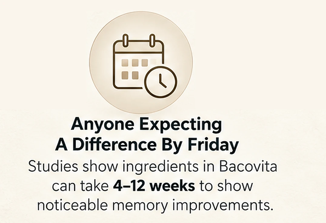 Anyone Expecting A Difference By Friday. Studies show ingredients in Bacovita can take 4 to 12 weeks to show noticeable memory improvements.